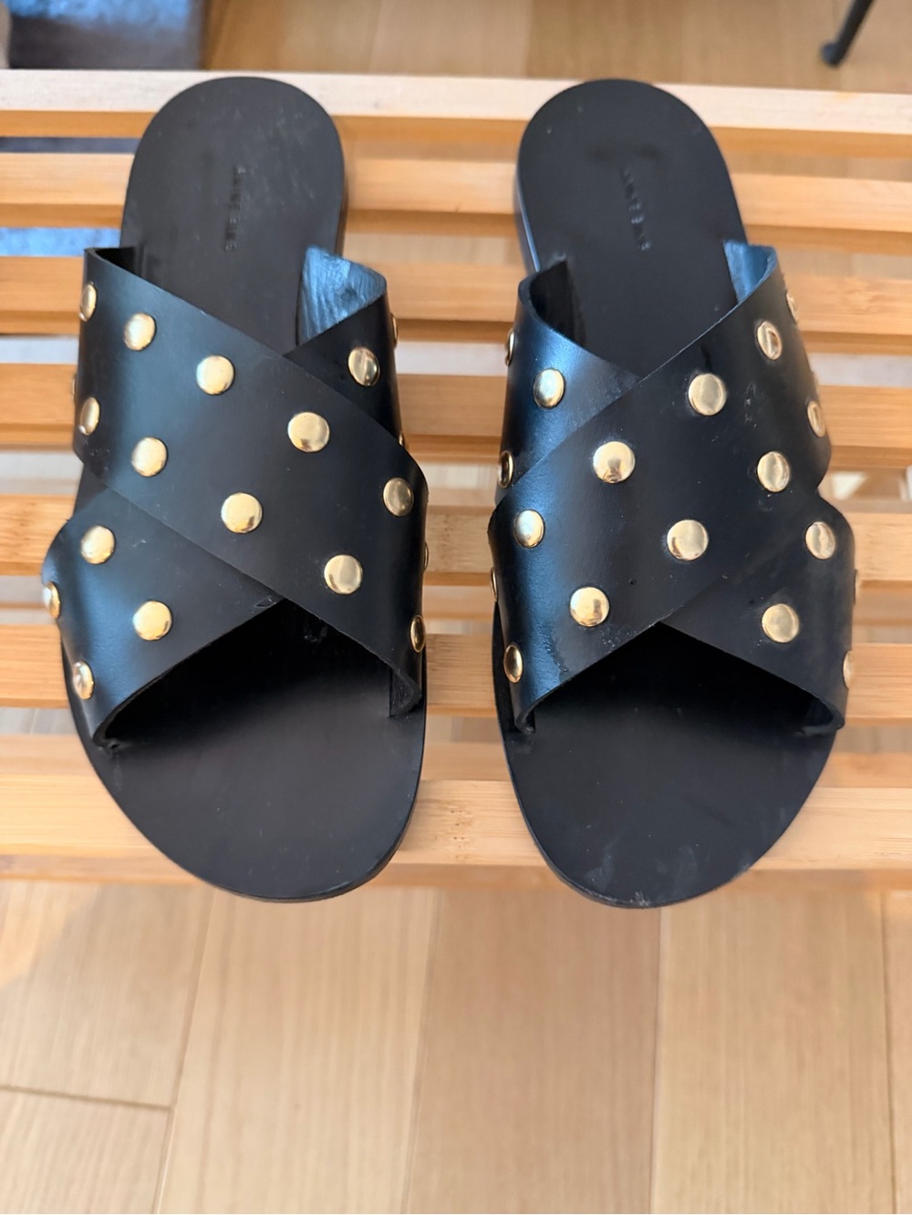 ANINE BING Black Leather Studded Crossover Slide Sandals Size 37
